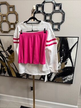 Fisoew athletica White Sweatshirt with Pink Stripe Sleeves and Hot Pink Skirt
